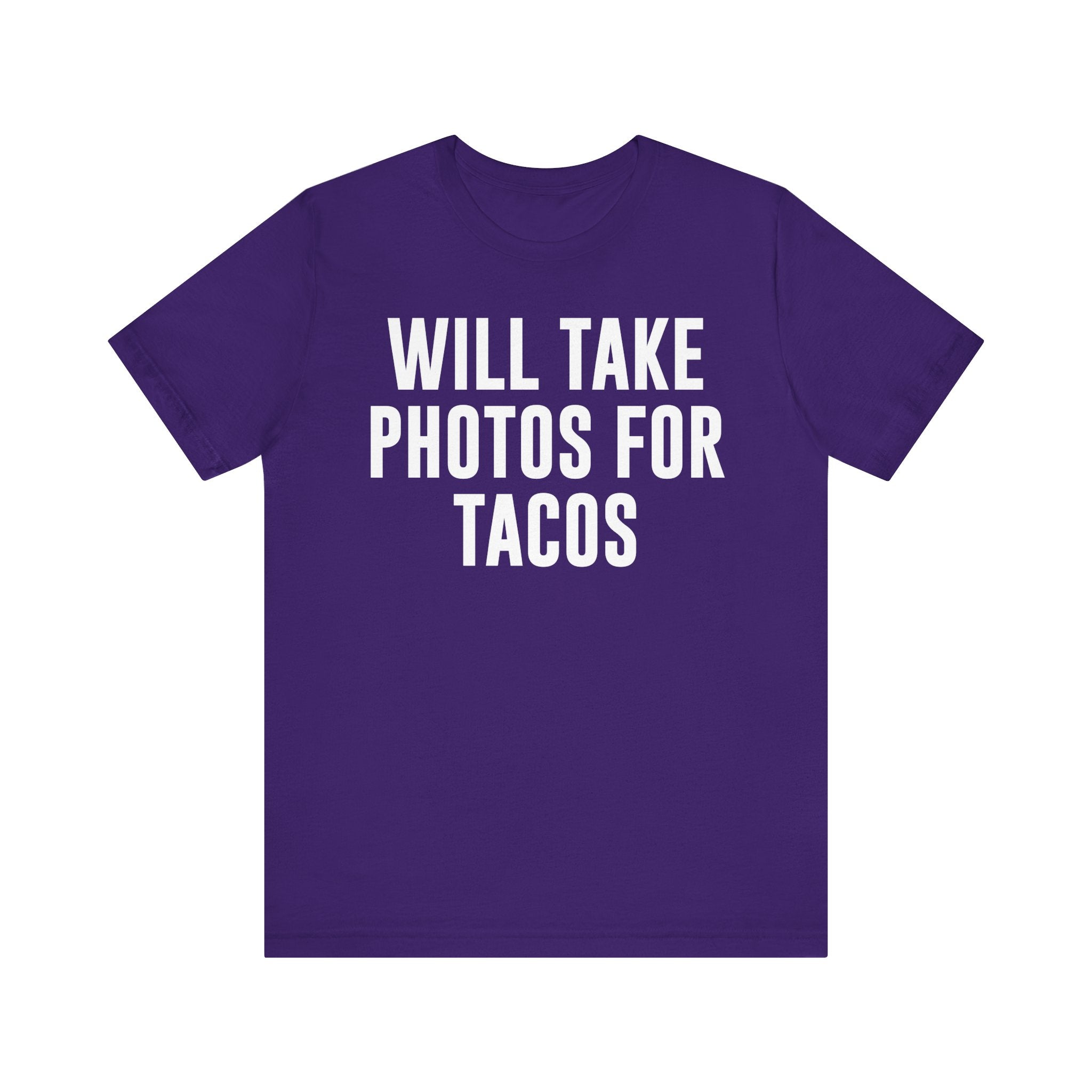 Will Take Photos for Tacos T-Shirt – Funny Photographer Gift for Shutterbugs, Camera Nerds & Photography Lovers Team Purple T-Shirt